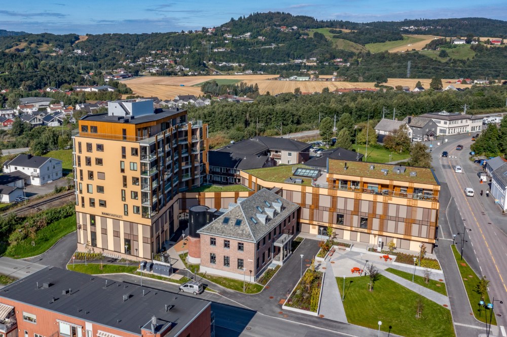 Dronebilde av Bankkvartalet sett fra sør.