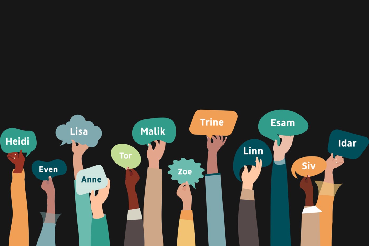 Grafisk illustrasjon med svart bakgrunn som viser flere hender løftet i været, hver med et navnskilt. Hendene og navnene representerer mangfold.