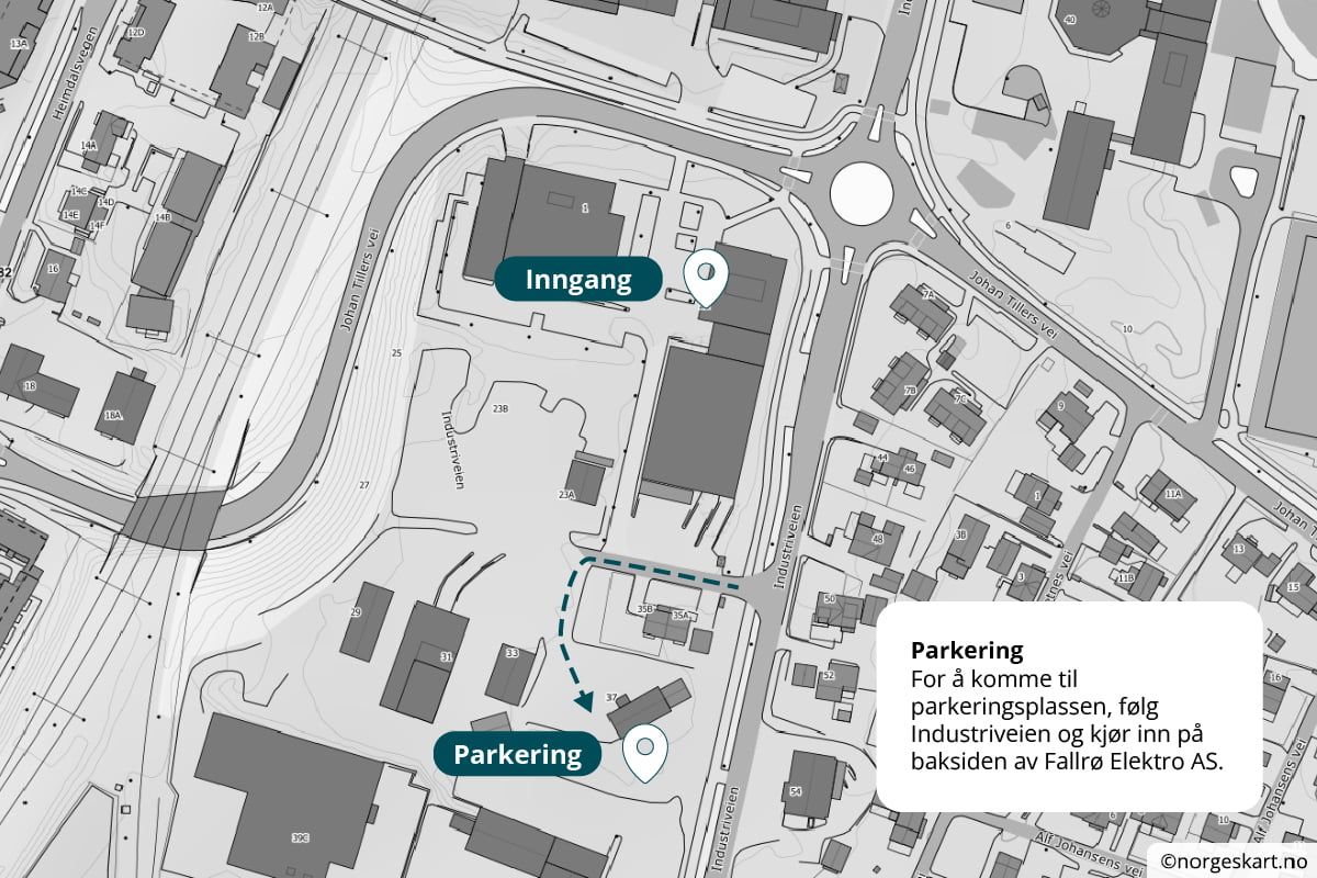 Parkering: For å komme til parkeringsplassen, følg industriveien og kjør inn på baksiden av Fallrø Elektro AS.