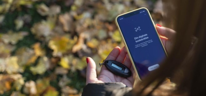 Dame sett ovenifra som holder mobil med BankID app åpnet og en kodebrikke. Fint høstløv på bakken.